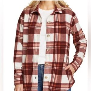 Eddie Bauer button up fleece shirt Shacket Brown White Plaid women's Shirt XXL
